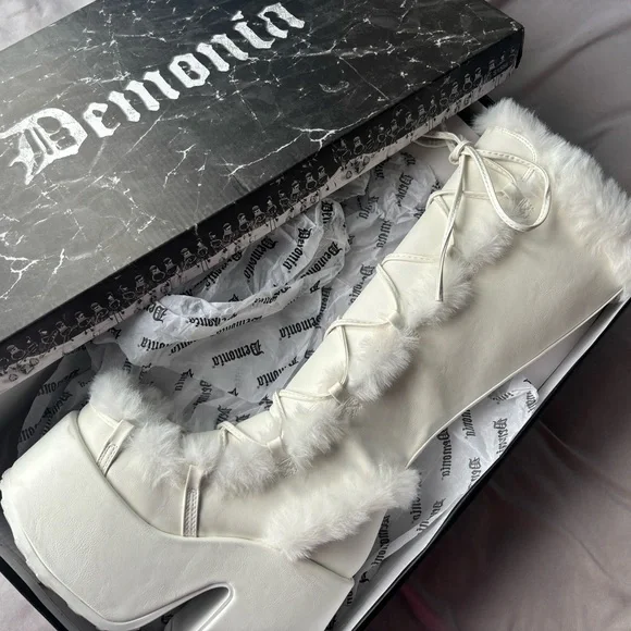Demonia White Faux Fur Platform Boots - Picture 3 of 4